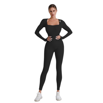 Black Square Neck Ribbed Long Sleeve Jumpsuit - VeLuxe Athletics 