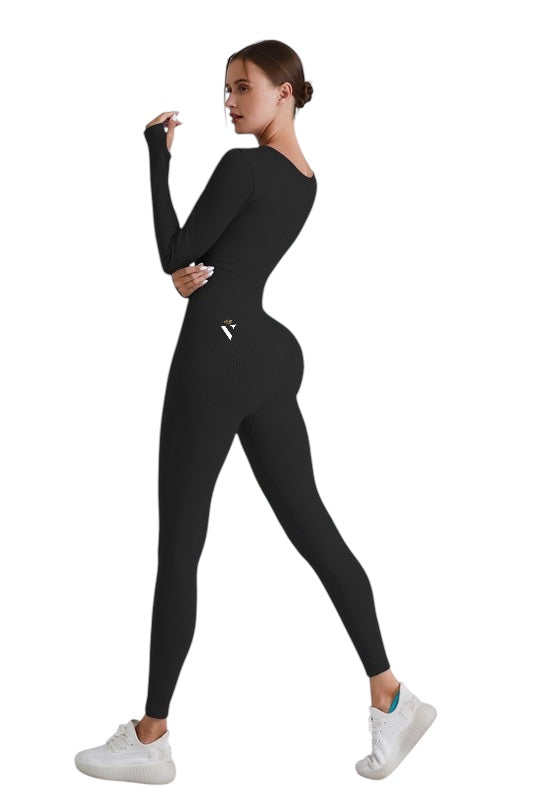 Black Square Neck Ribbed Long Sleeve Jumpsuit - VeLuxe Athletics 