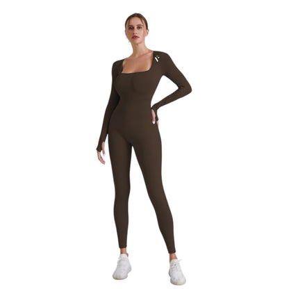 Brown Square Neck Ribbed Long Sleeve Jumpsuit - VeLuxe Athletics 