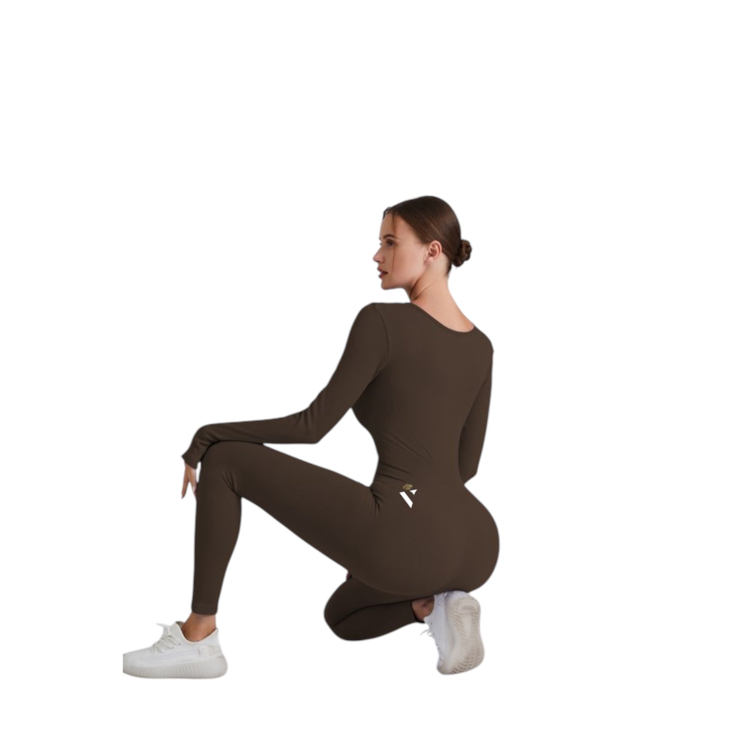 Brown Square Neck Ribbed Long Sleeve Jumpsuit - VeLuxe Athletics 