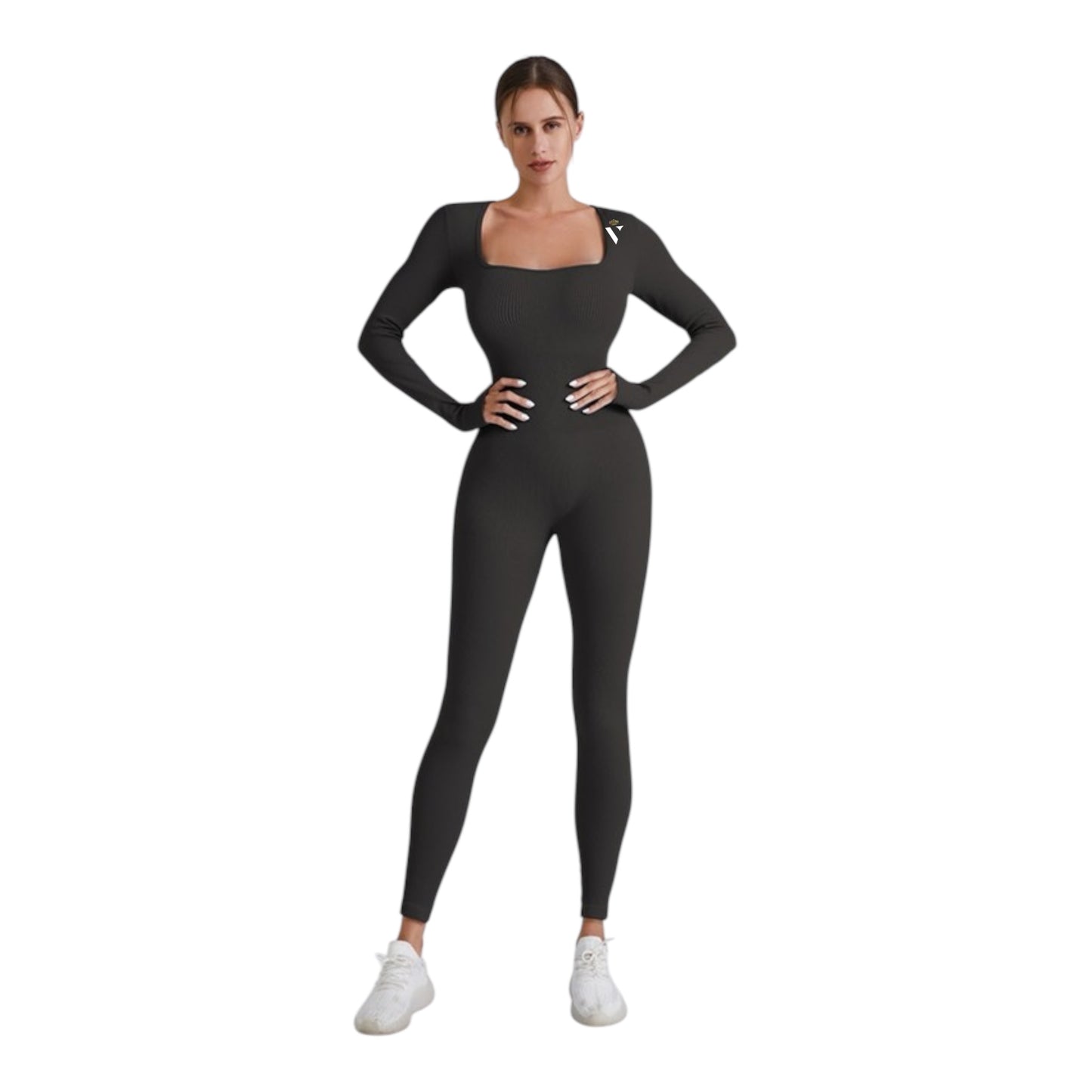 Gray Square Neck Ribbed Long Sleeve Jumpsuit - VeLuxe Athletics 