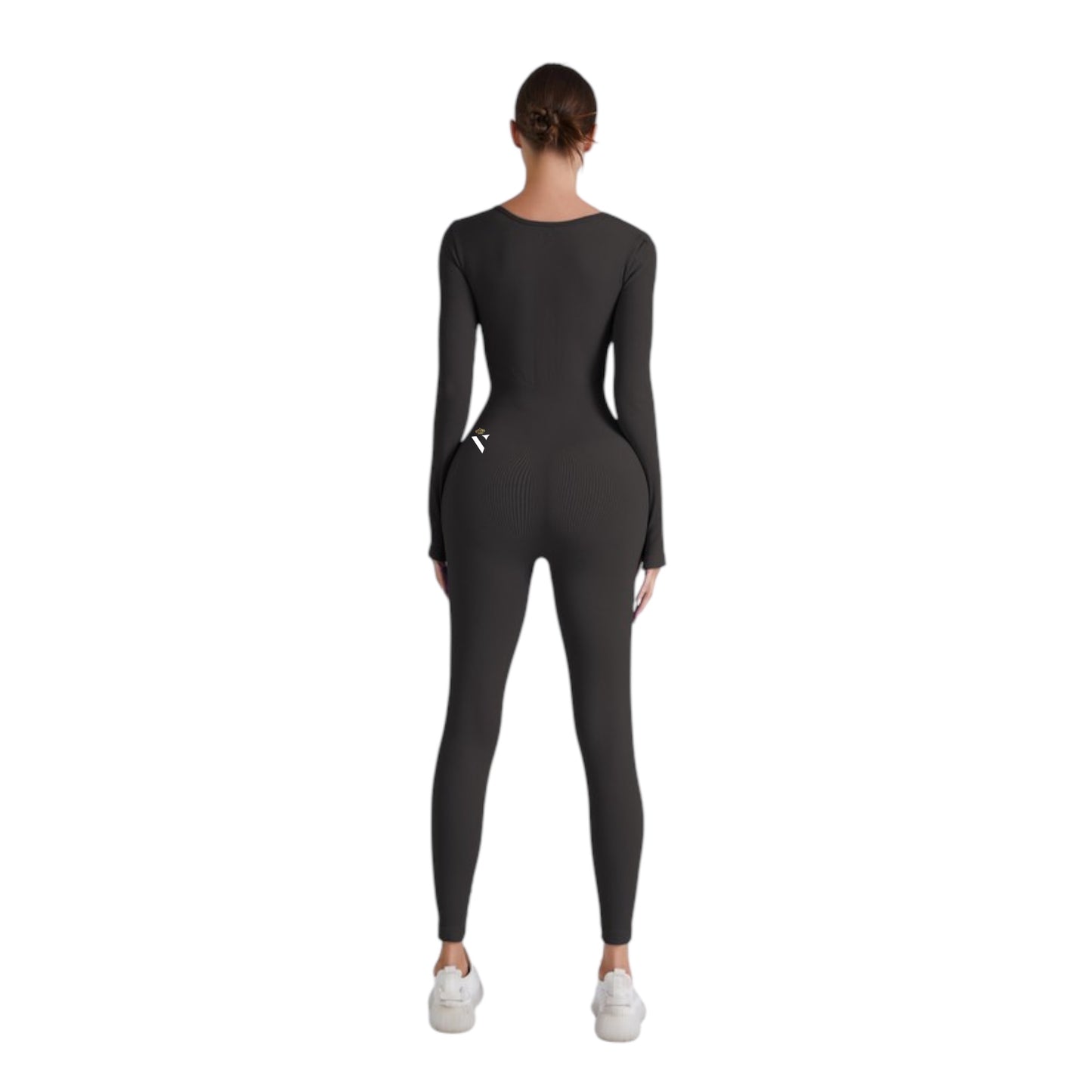 Gray Square Neck Ribbed Long Sleeve Jumpsuit - VeLuxe Athletics 