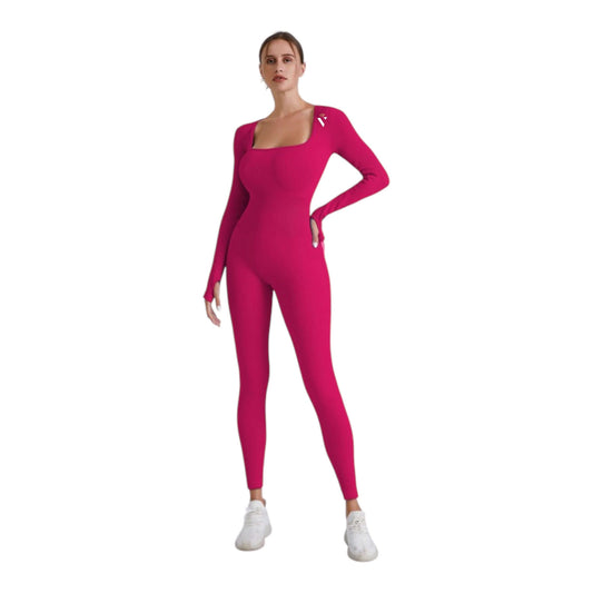 Pink Square Neck Ribbed Long Sleeve Jumpsuit - VeLuxe Athletics 