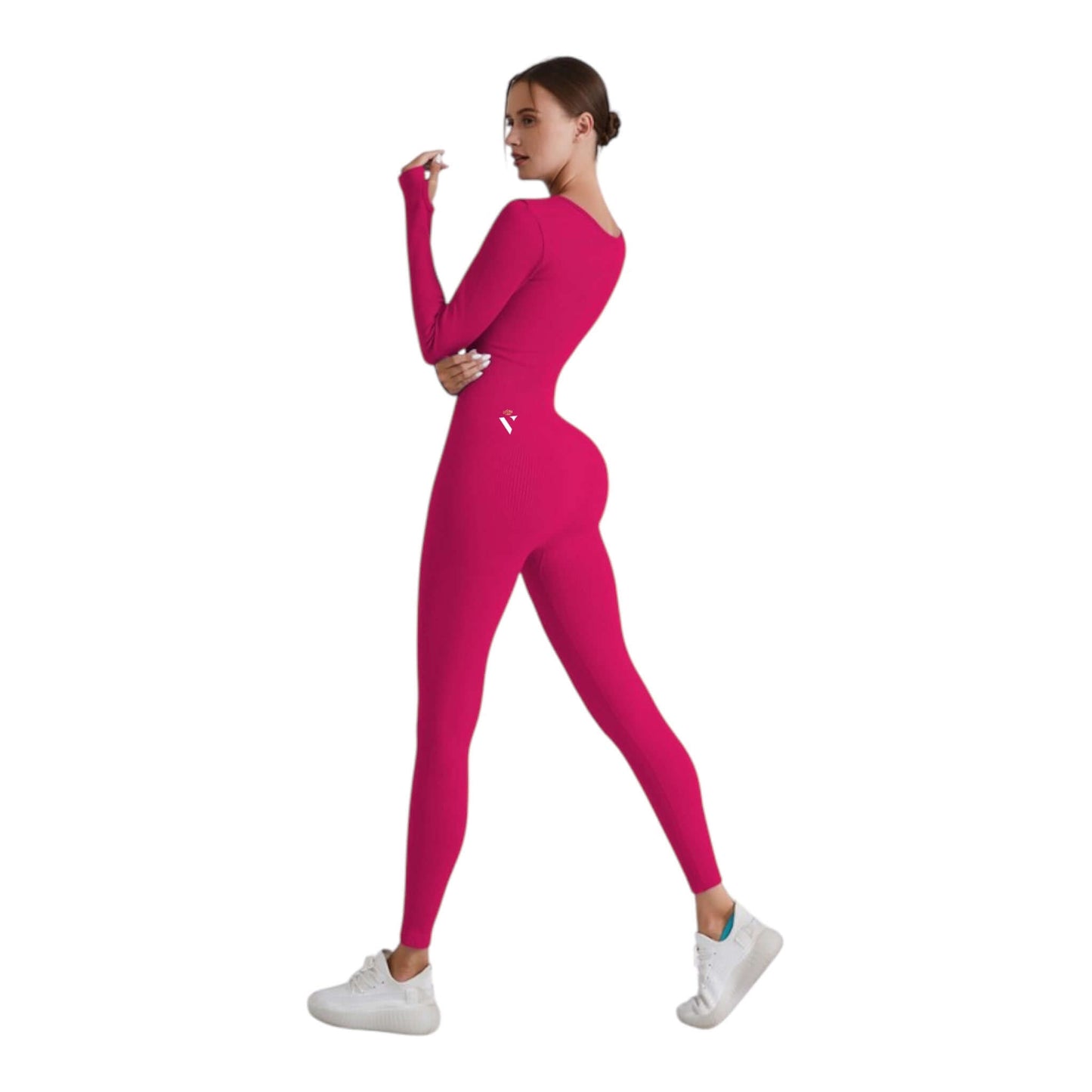 Pink Square Neck Ribbed Long Sleeve Jumpsuit - VeLuxe Athletics 