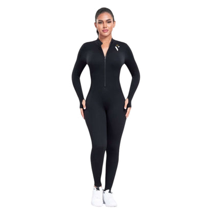 Black seamless zipper front long-sleeve jumpsuit for women, combining comfort and style for activewear workouts.