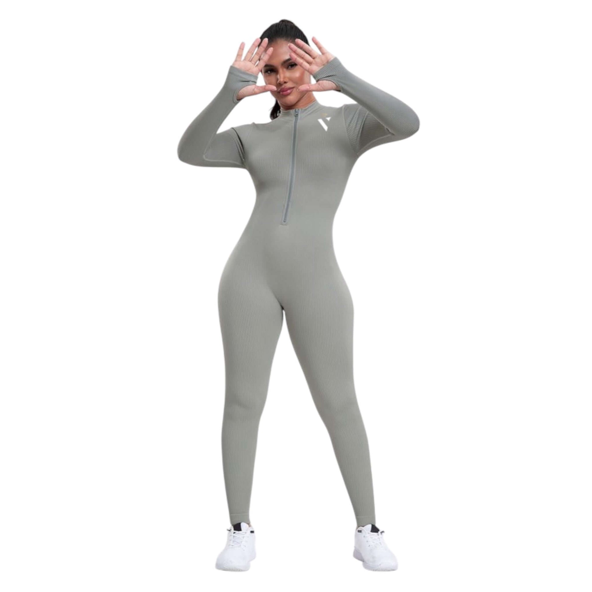 Gray Seamless Zipper Front Long-sleeve Jumpsuit - VeLuxe Athletics 