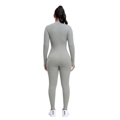 Gray Seamless Zipper Front Long-sleeve Jumpsuit - VeLuxe Athletics 