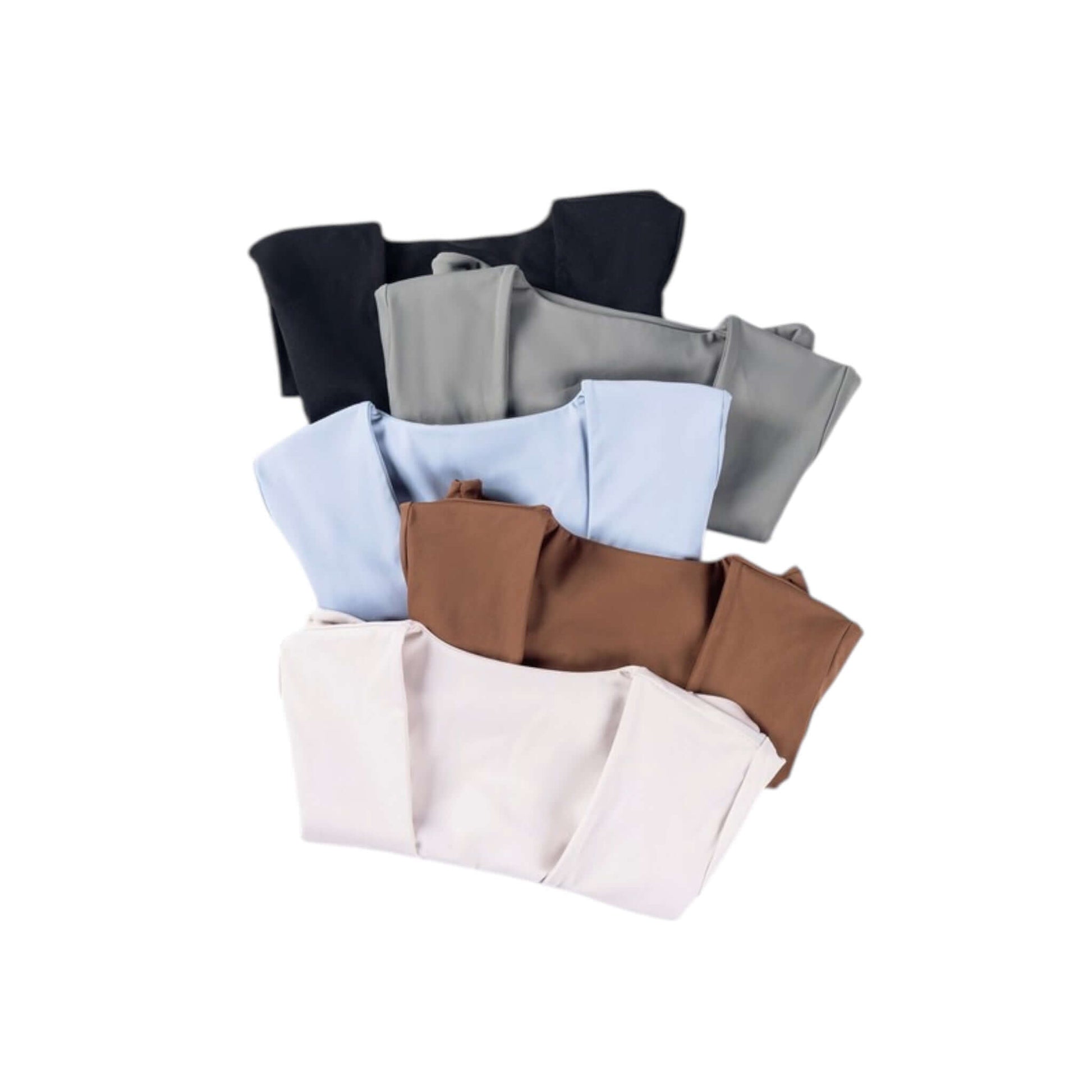 Collection of twist knot crop tops in various colors: black, gray, light blue, brown, and beige.