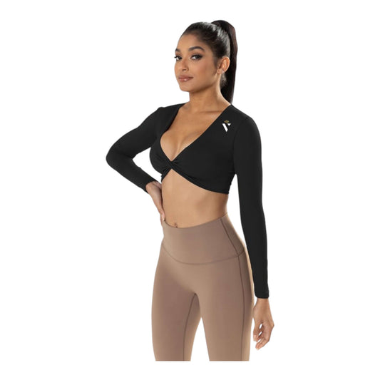 Black twist knot crop top with long sleeves, ideal for workouts, made from breathable nylon and spandex, offering comfort and style.