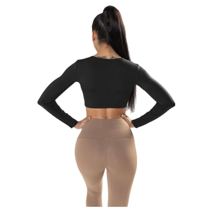 Back view of a Black Twist Knot Crop Top, showcasing its twist design paired with breathable fabric for workouts.