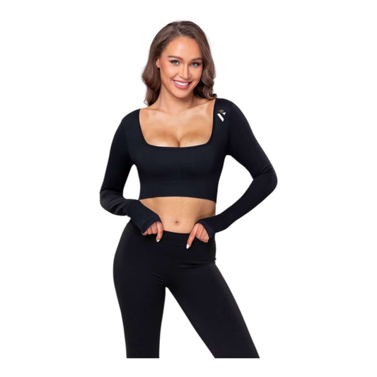 Black square neck crop top with twist knot design for workouts, made of 75% nylon and 25% spandex.