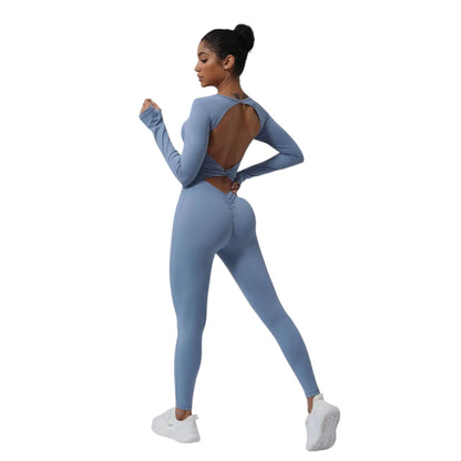 Blue V Backless Long Sleeve Jumpsuit - VeLuxe Athletics 