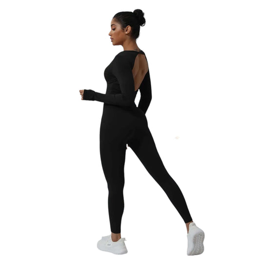 Black V Backless Long Sleeve Jumpsuit - VeLuxe Athletics 