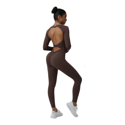 Brown V Backless Long Sleeve Jumpsuit - VeLuxe Athletics 