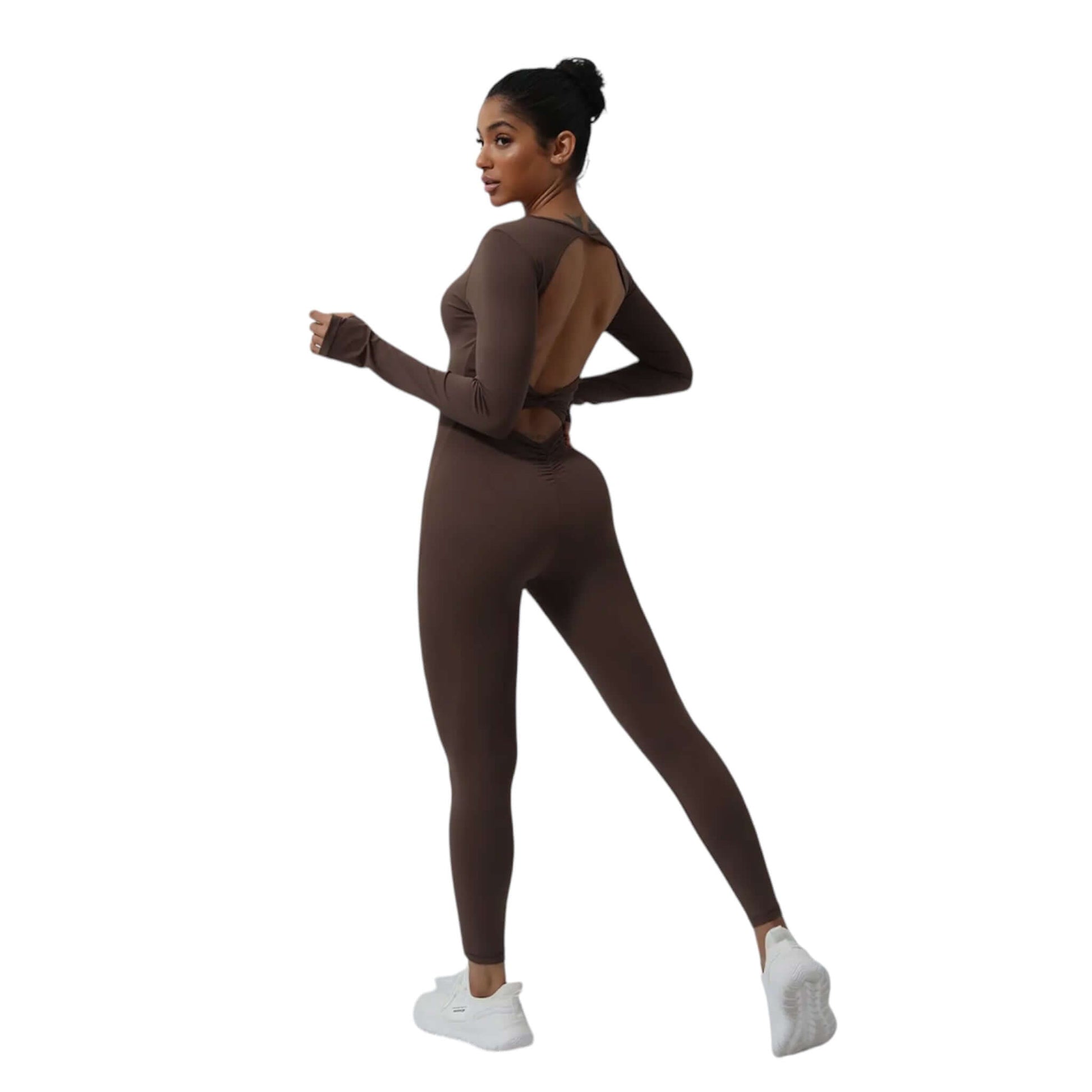 Brown V Backless Long Sleeve Jumpsuit - VeLuxe Athletics 