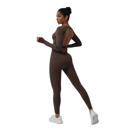 Brown V Backless Long Sleeve Jumpsuit - VeLuxe Athletics 