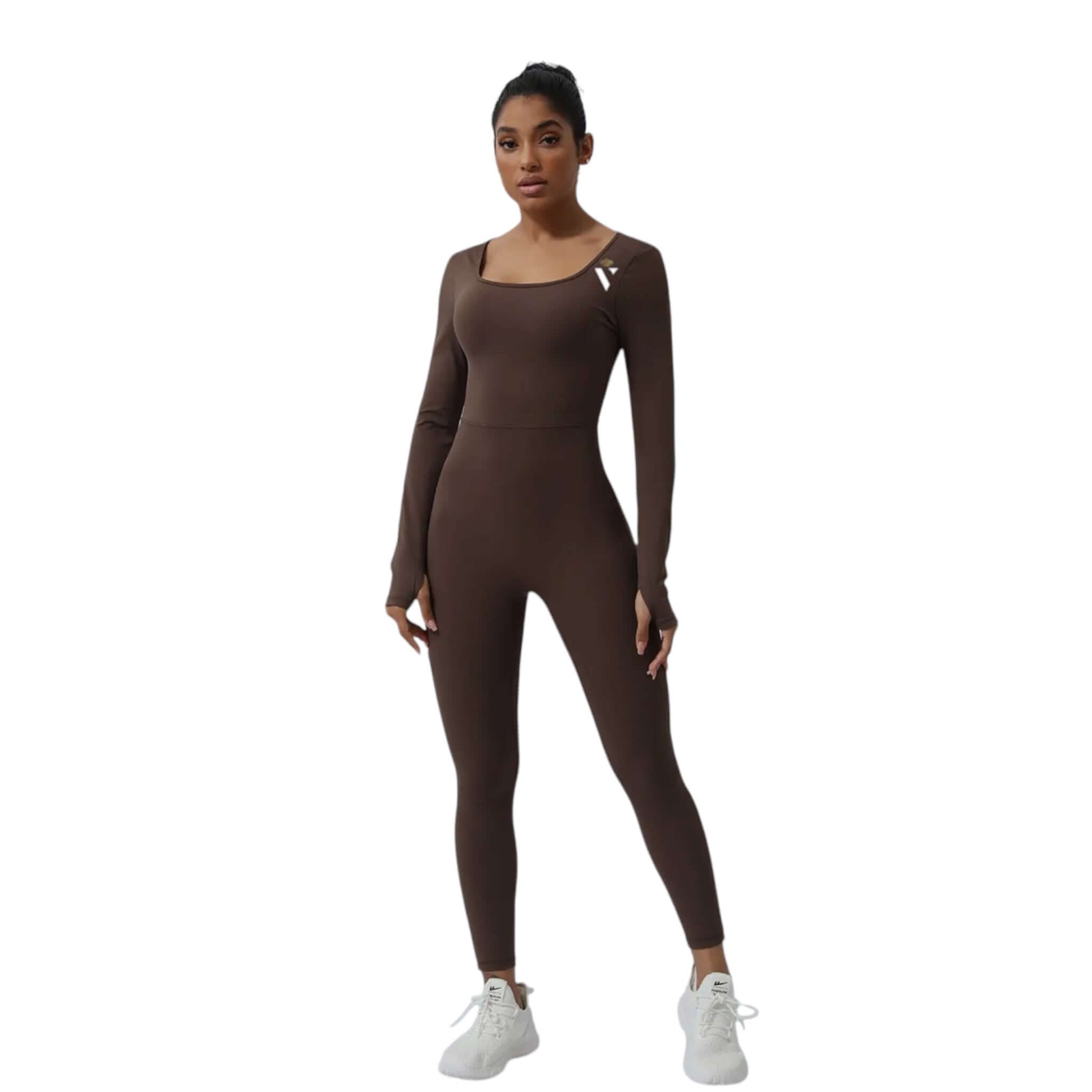 Brown V Backless Long Sleeve Jumpsuit - VeLuxe Athletics 