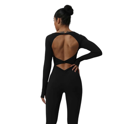 Black V Backless Long Sleeve Jumpsuit - VeLuxe Athletics 