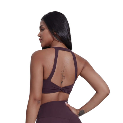 Plum Twist Front Backless Sports Bra - VeLuxe Athletics 