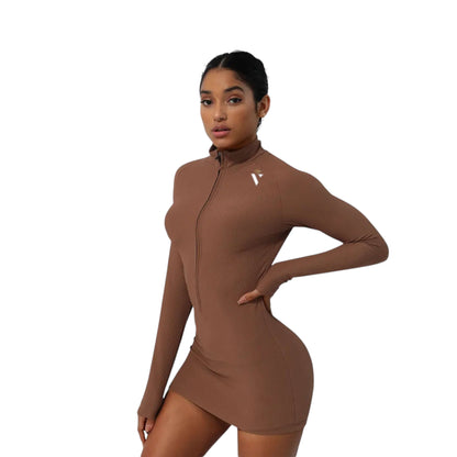 Brown Zip Front Yoga Dress - VeLuxe Athletics 