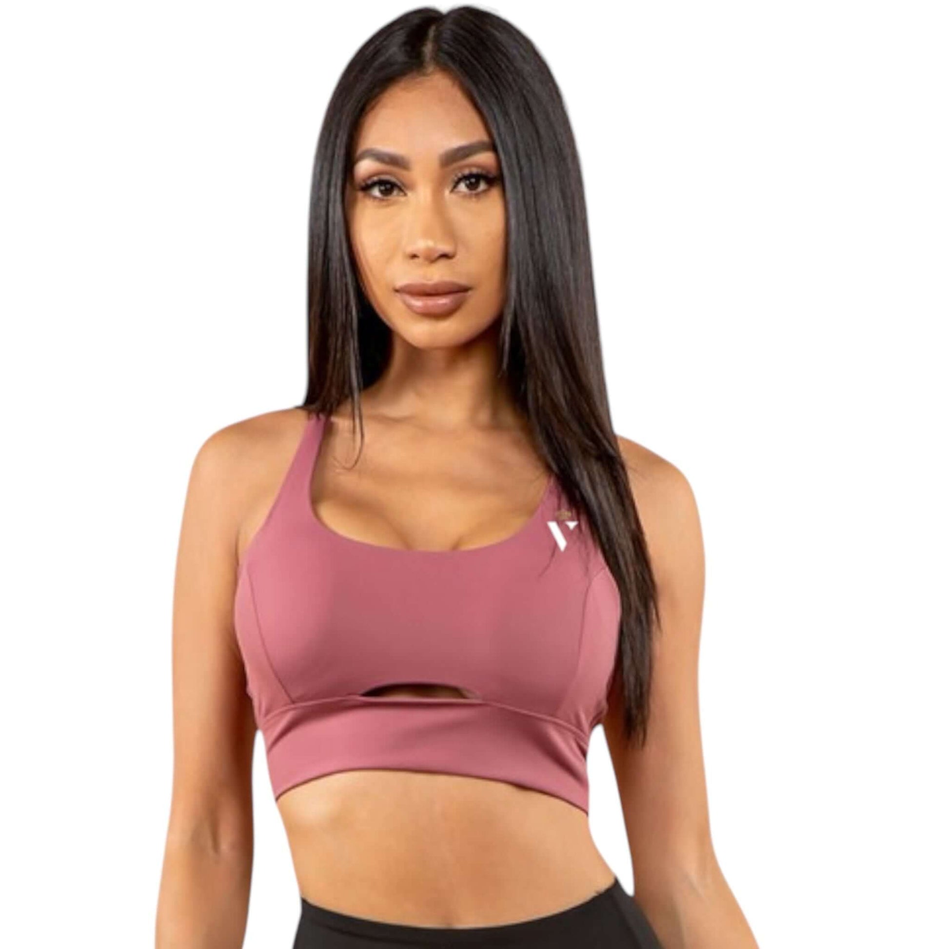 Front view of a pink peekaboo sports bra with a stylish cut-out, perfect for activewear and sportswear.