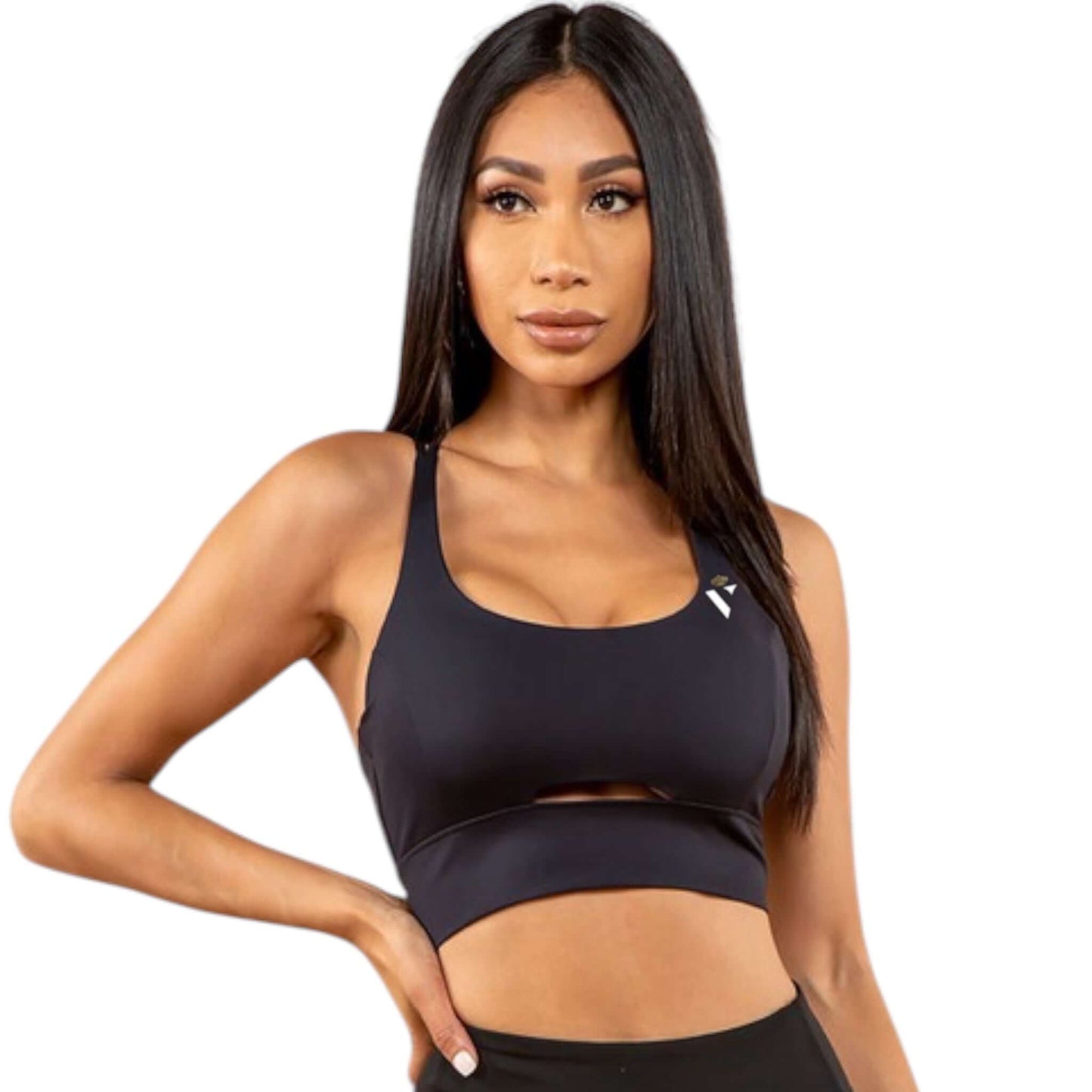 Black peekaboo sports bra with V neck, cut-out under the bust, and stylish cross-back design.